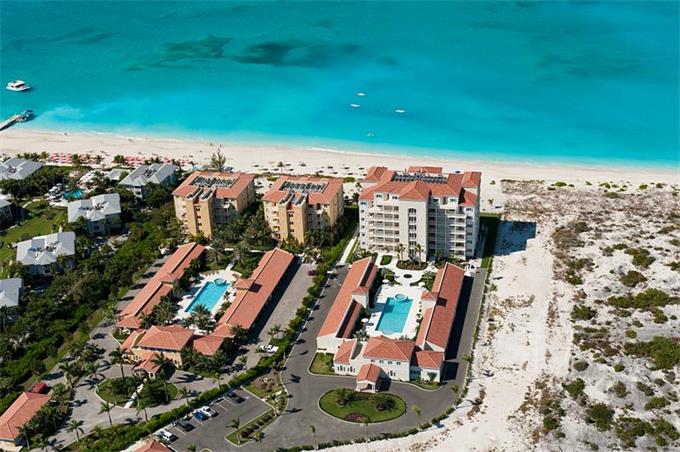 Aerial view of The Venetian on Grace Bay in the Turks & Caicos Islands.