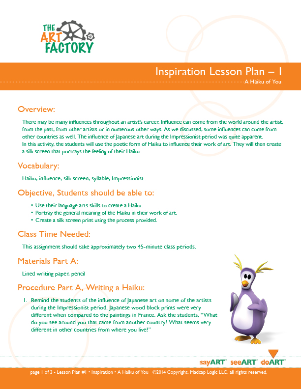 The Art Factory Teacher Lesson Plans give step-by-step directions for hands-on art projects