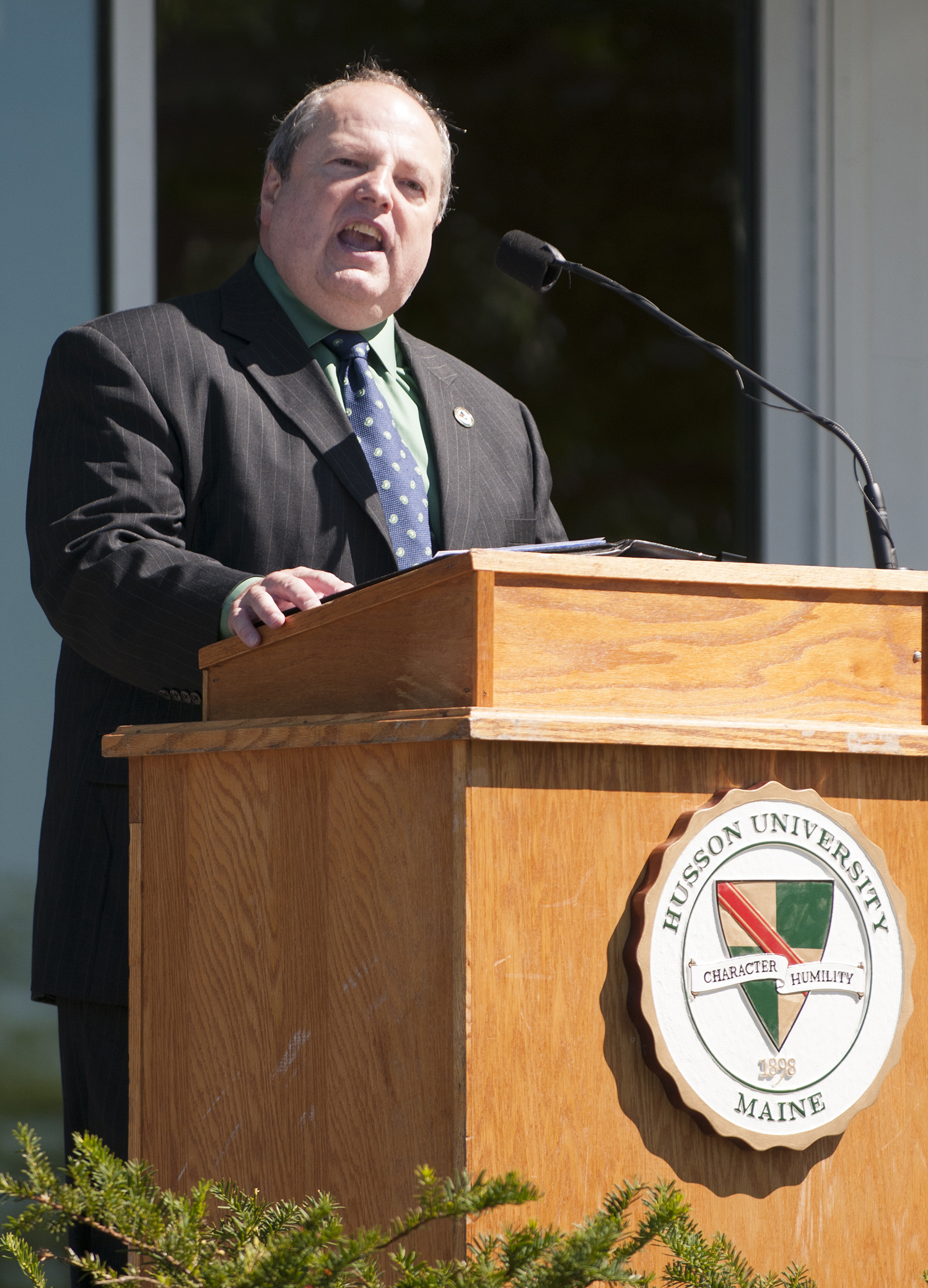 Husson University President and CEO Robert A. Clark, Ph.D, CFA, speaking at the dedication ceremony for the Ronan Center for Financial Technology.