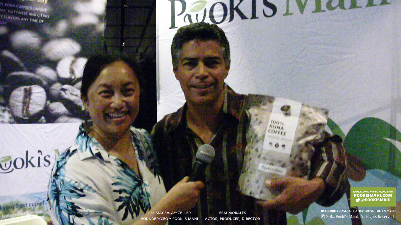 Actor/Producer/Director Esai Morales enjoying 100% Kona Coffee swag gifted by Pooki's Mahi's Founder/CEO's Les Magsalay-Zeller