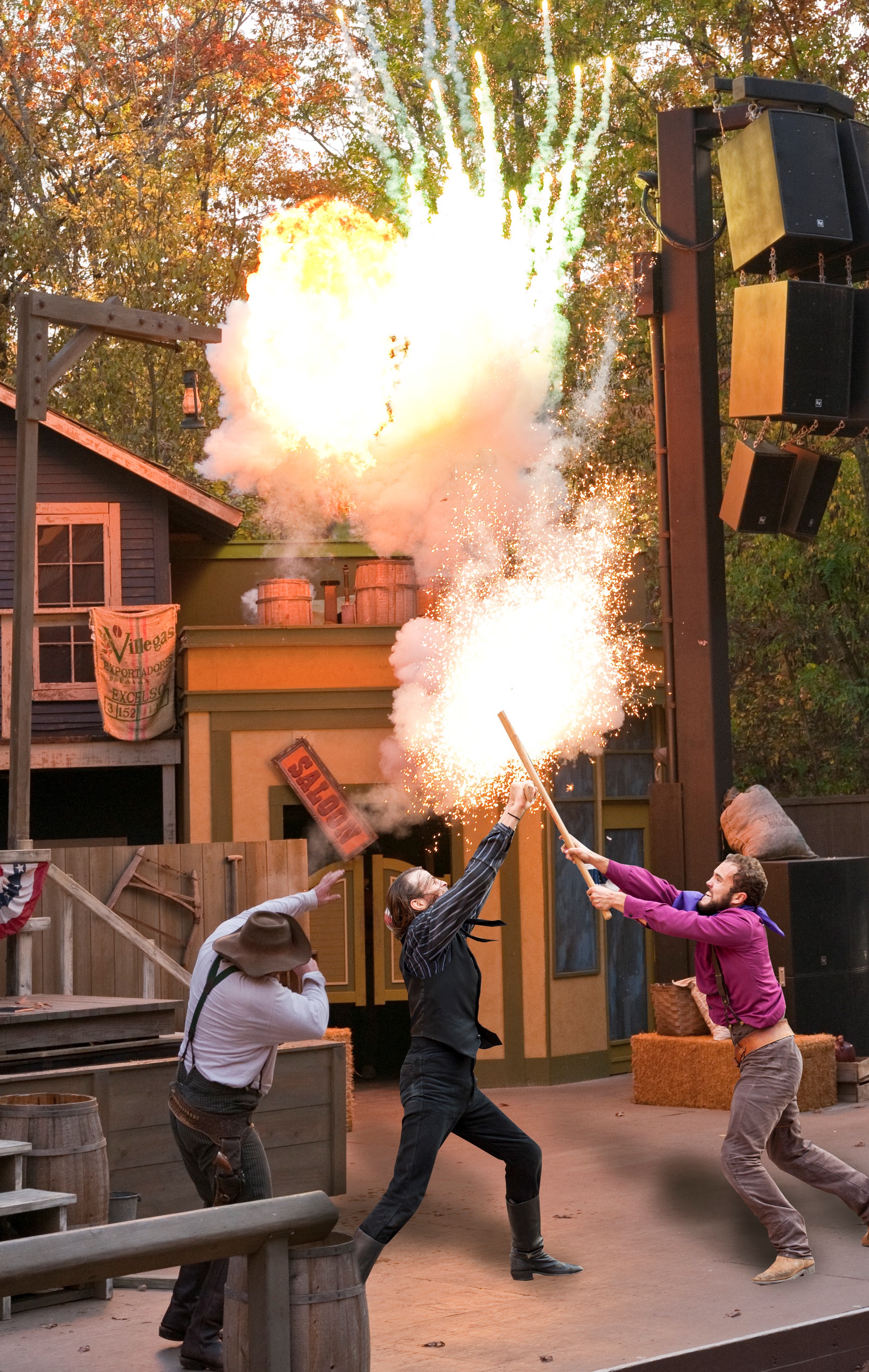 High-action stunts, 3-story falls and pyrotechnics pack the Western stunt show presented during Silver Dollar City's National Harvest & Cowboy Festival.