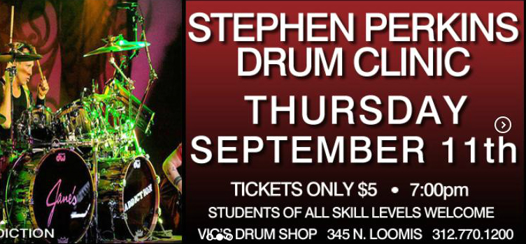 Jane’s Addiction drummer Stephen Perkins will visit Vic’s Drum Shop to lead an interactive clinic for drummers of all skill levels on Thursday, September 11 at 7:00pm.