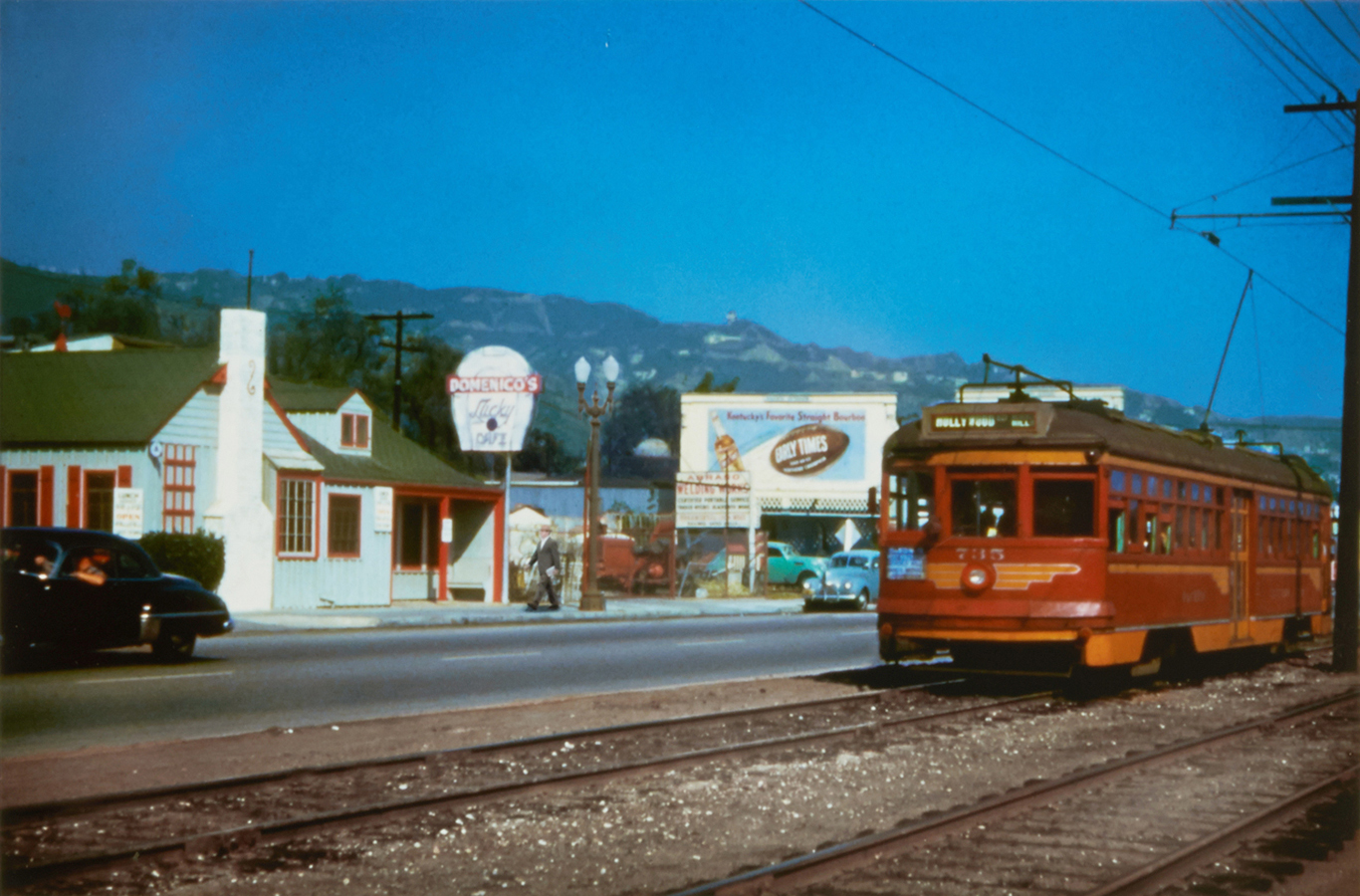 The Pacific Electric Red Car Trolley running outside the restaurant site on Santa Monica Blvd