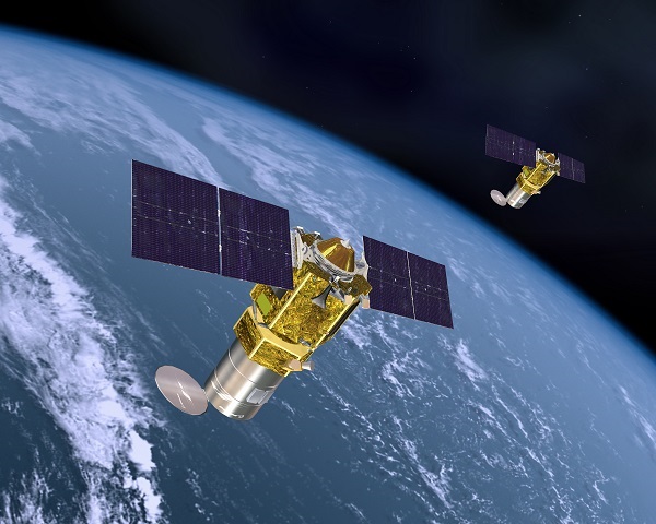 An artist’s rendering showing two Boeing 502 Phoenix satellites in orbit.  The inaugural customer for the 502 Phoenix is HySpecIQ of Washington D.C., which ordered a complete hyperspectral imaging sys