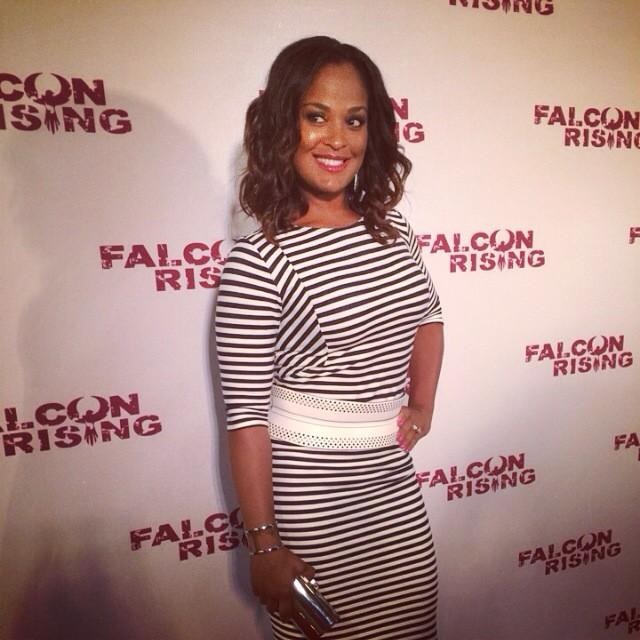Laila Ali carries Jill Milan 450 Sutter Clutch to the premiere of her film “Falcon Rising” Sep 5, 2014 in New York.