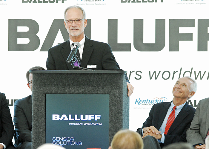 Balluff Inc. President Kent Howard speaking at Monday's ribbon cutting ceremony.