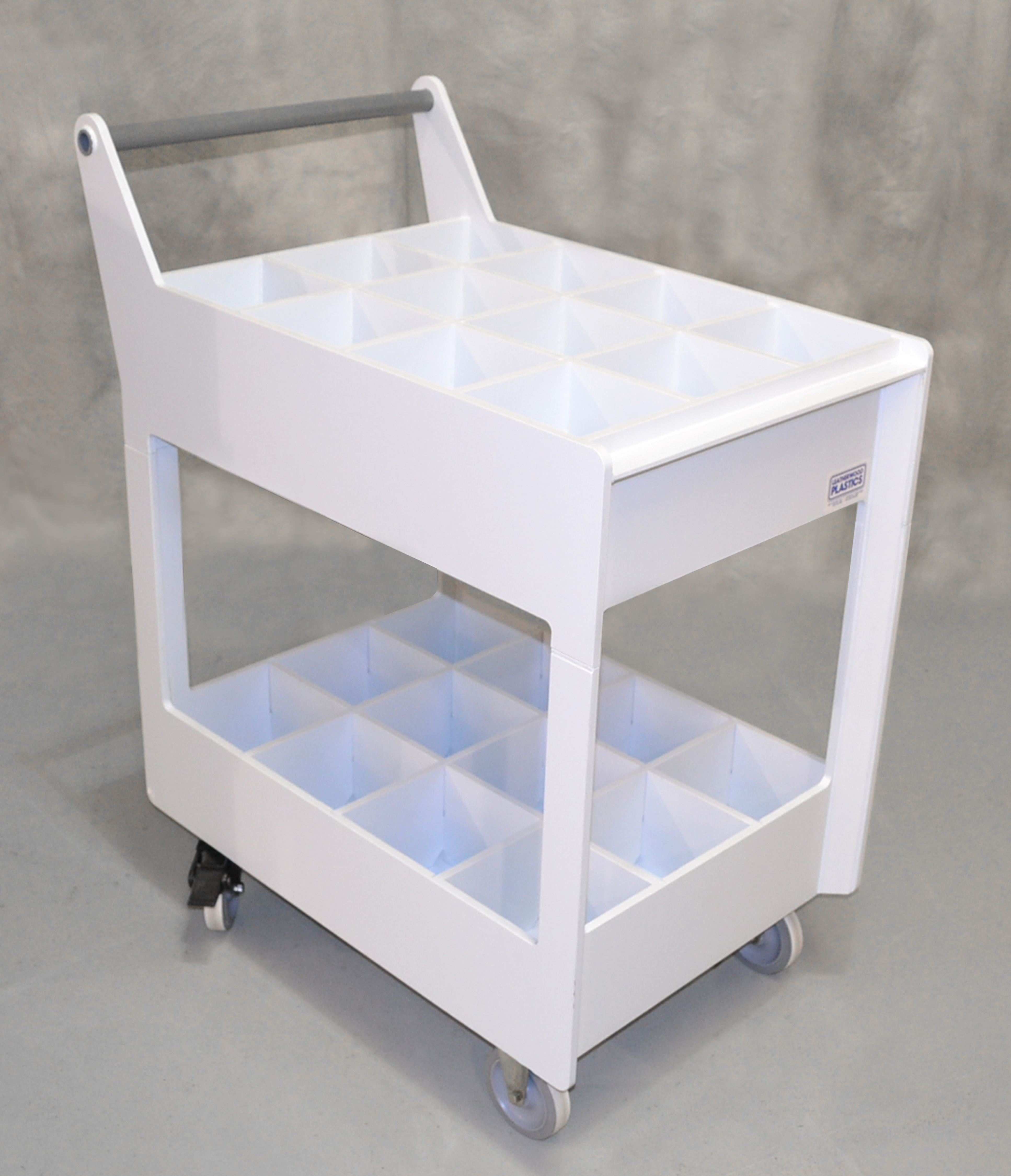 A Chemical Bottle Cart made with Flametec has space for 24 one-gallon bottles.