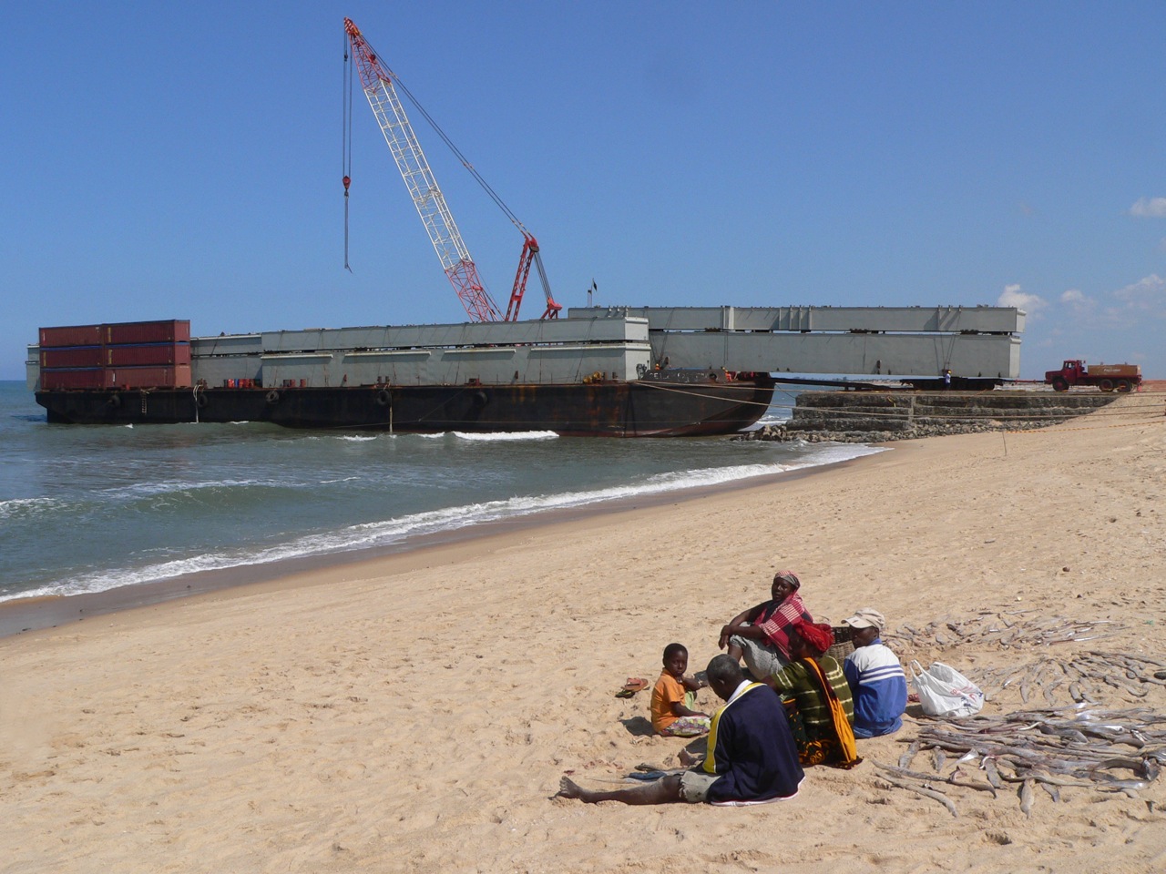 Pontoon Sections land ashore in MOMA, Mozambique