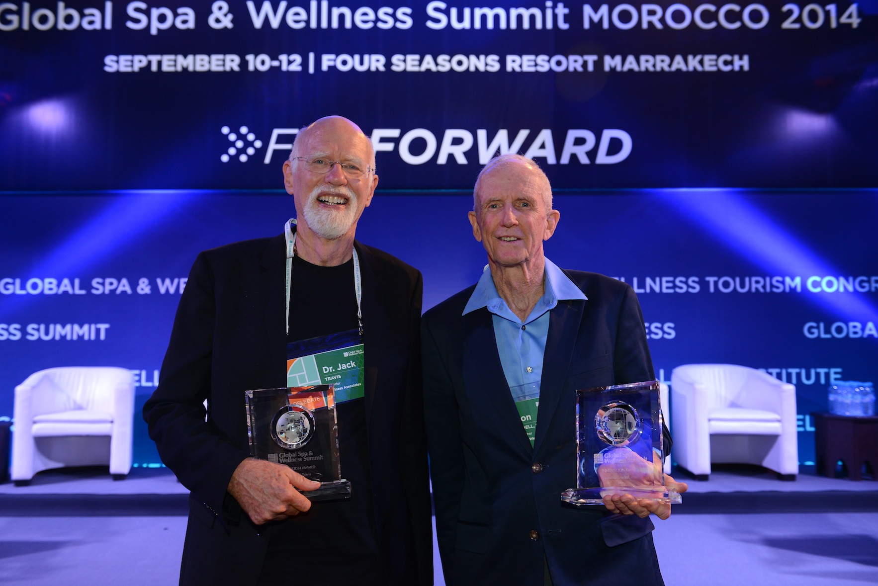 Dr Jack Travis and Don Ardell celebrate their wins as Wellness Innovators at Global Wellness Awards