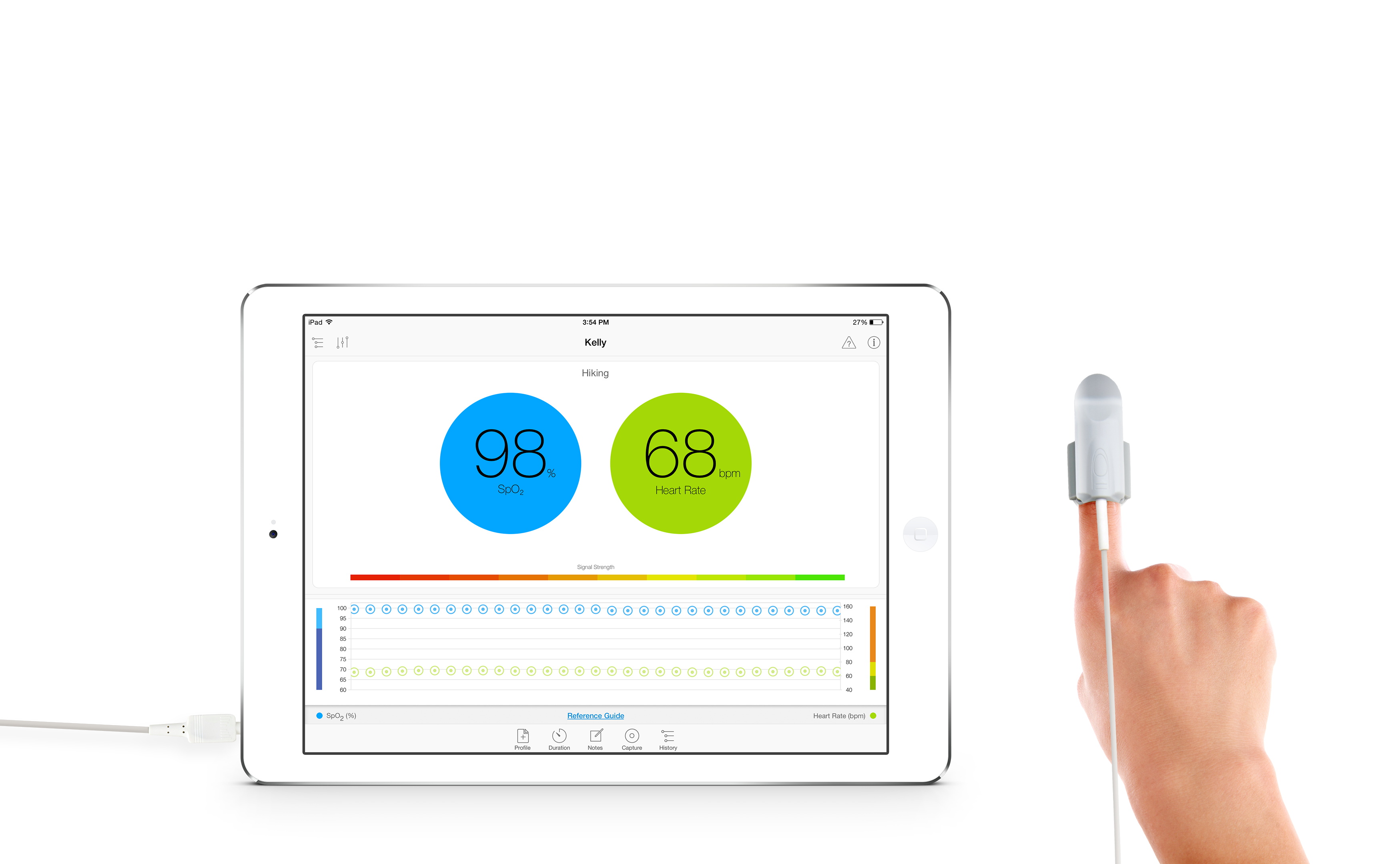 Kenek Edge app-device connects pulse oximeter sensors to mobile phones and tablets.