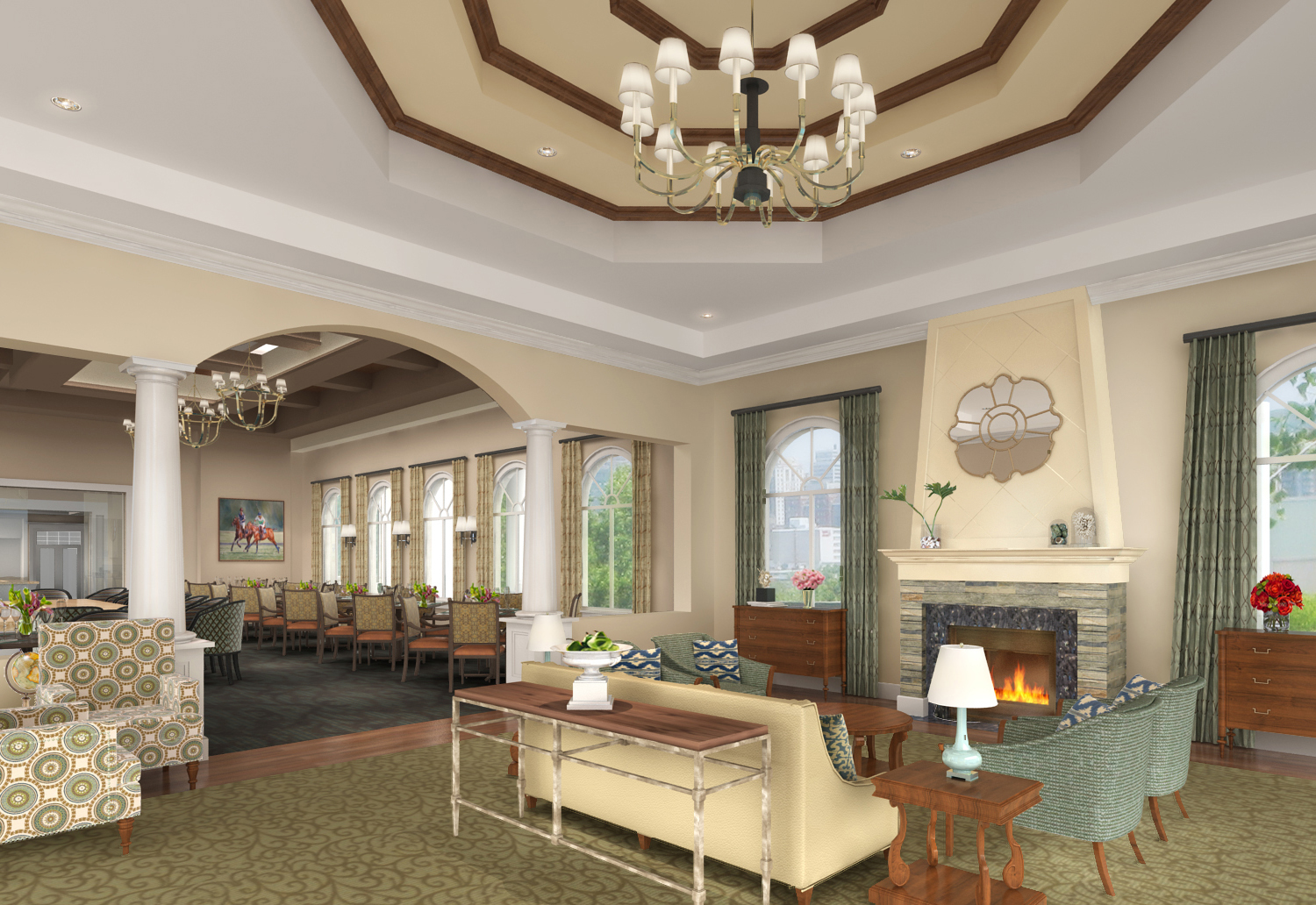Comfortable Living Room and Social Area With Cozy Fireplace at Discovery Village At Naples in Naples, Florida.
