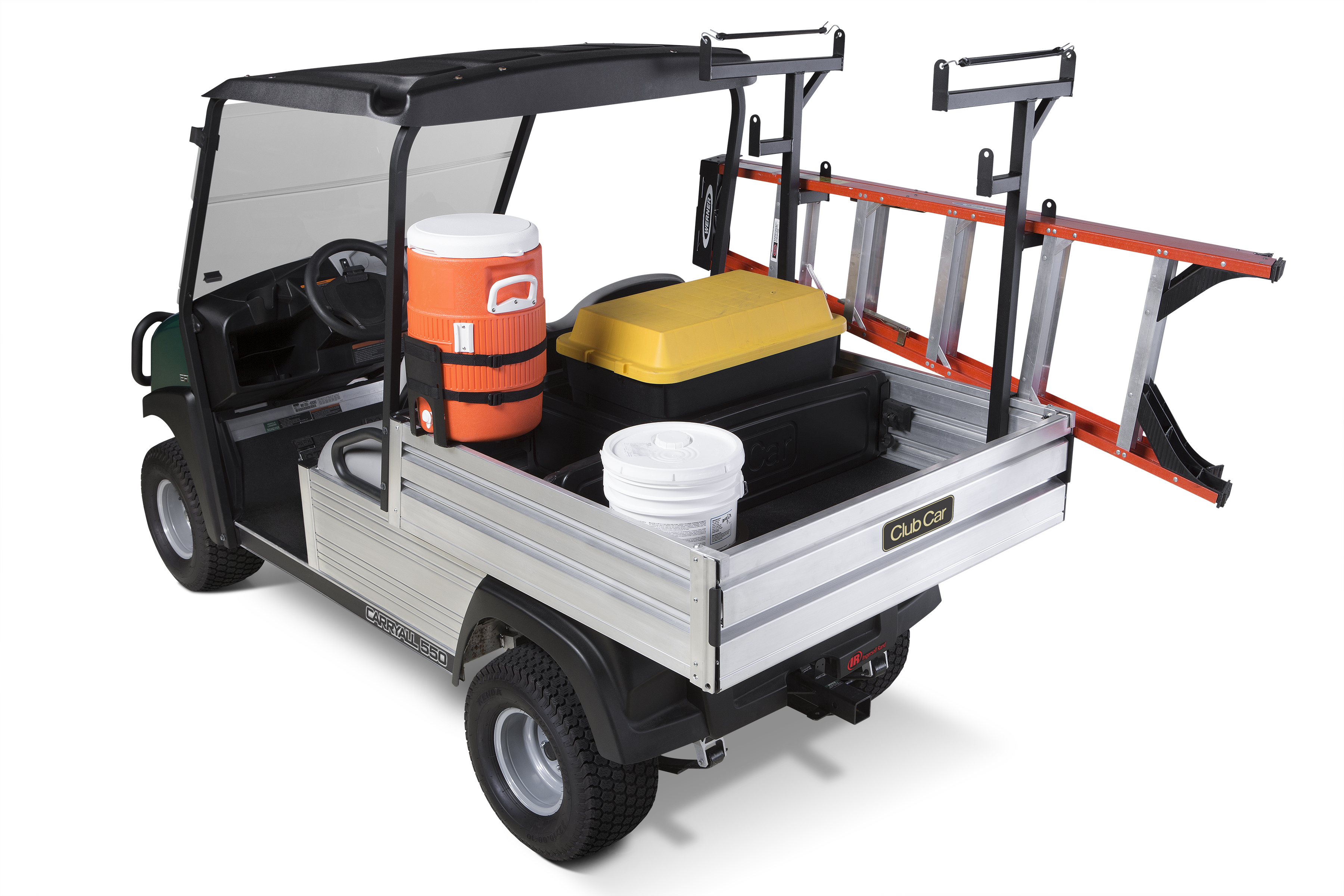 Club Car Carryall utility vehicles accommodate the new VersAttach bed-based attachment system that frees bed space for fewer round trips.
