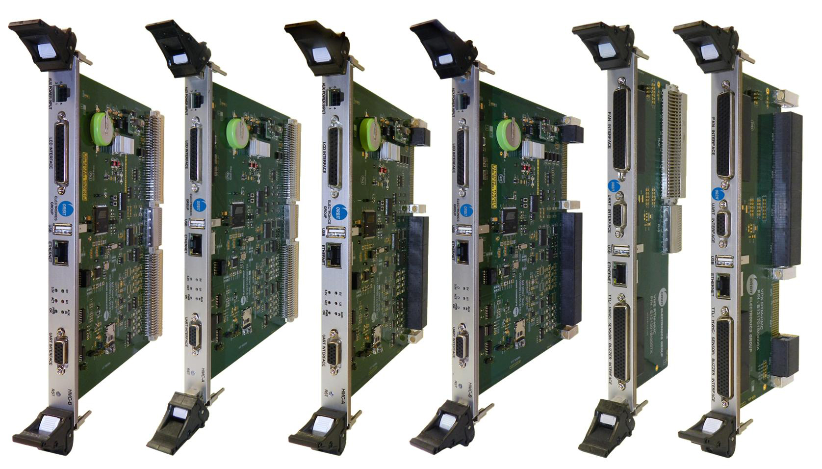 Orbit Electronics Group’s four 6U System Health Monitors and two Rear Transition Modules are now available for VME  and VPX system designers. Shown, left to right, VME HMC-A; VME HMC-B; VPX HMC-A; VPX