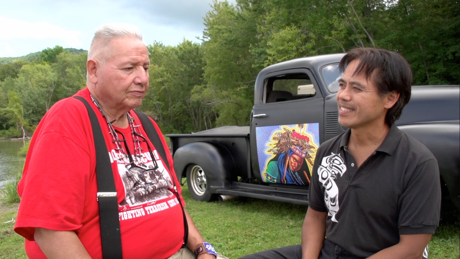 Narrator Dr. Evan Adams with Native American artist Carson Waterman