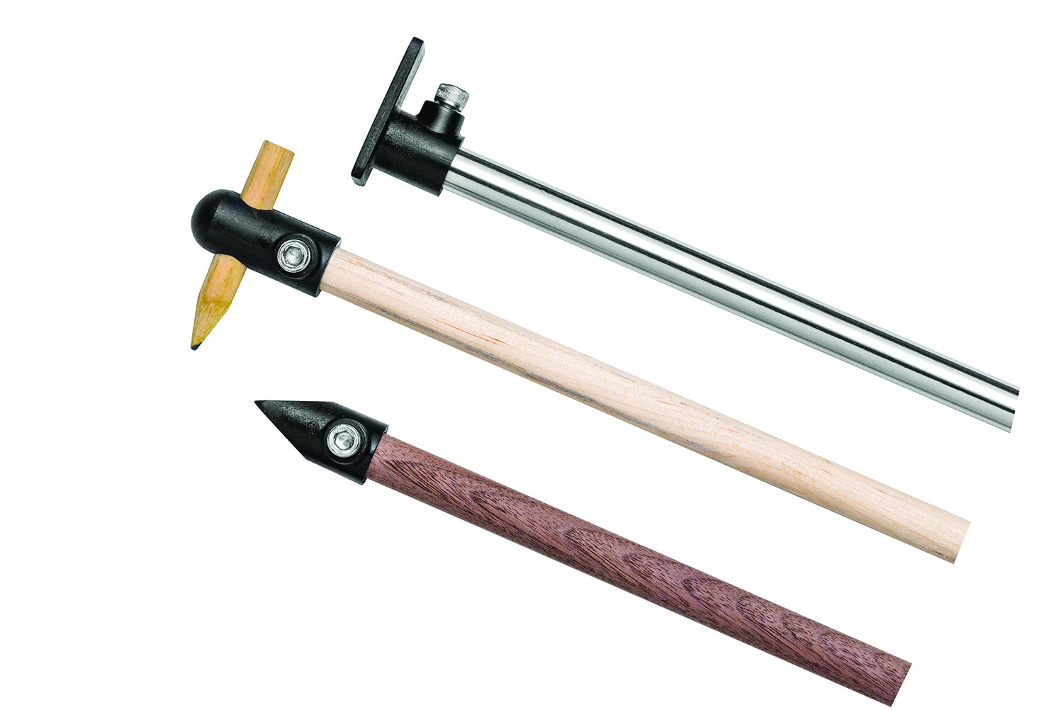 The three sets of interchangeable tips work with either standard 3/8" wooden  dowel stock or metal rods.