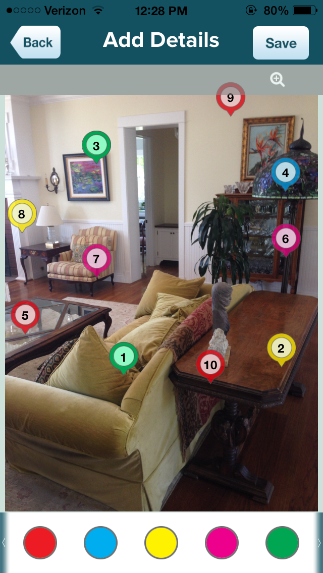 Color dot tagging of multiple items in a photo makes it faster to create the detail needed