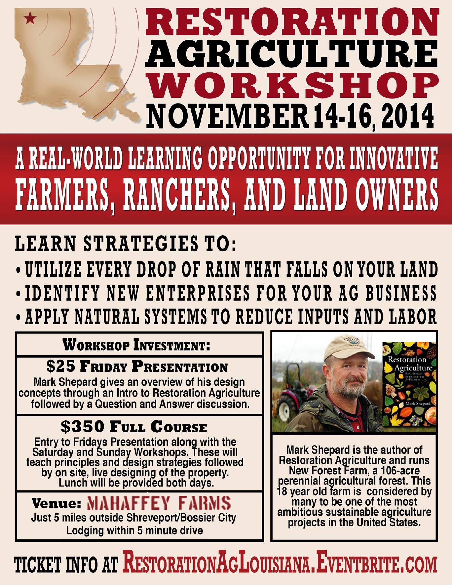 Flyer for Restoration Agriculture workshop in Princeton, La.