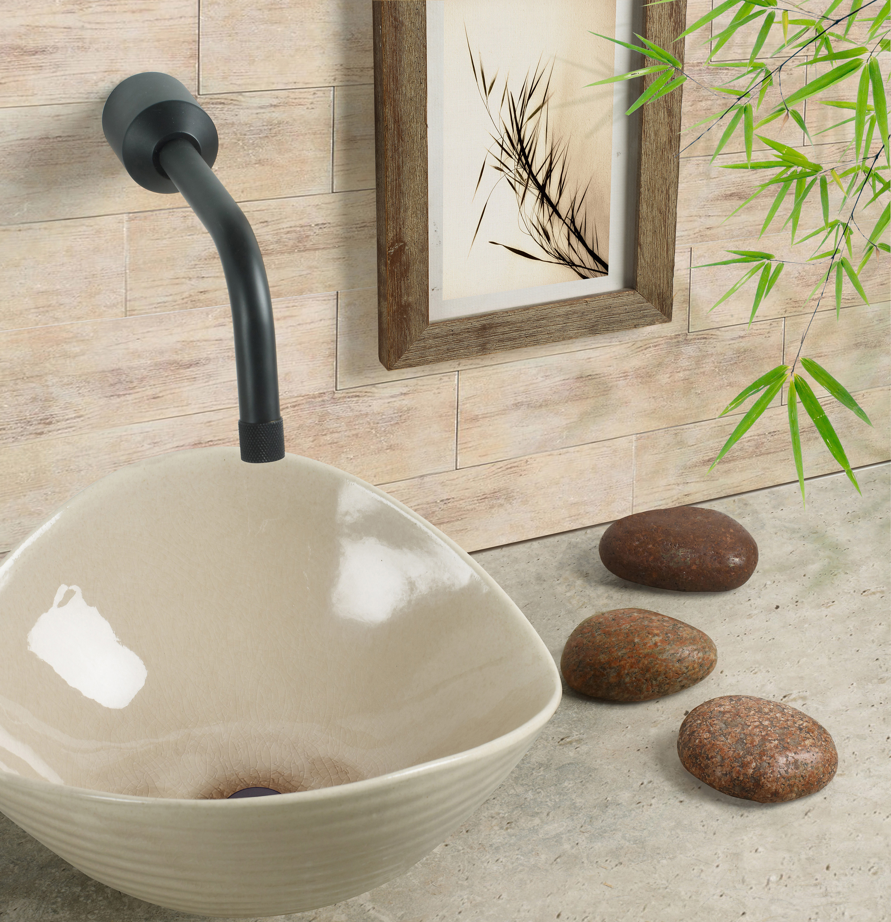 The Zen Collection by Watermark Designs faucet uses rare earth magnet technology to attach stone handles.