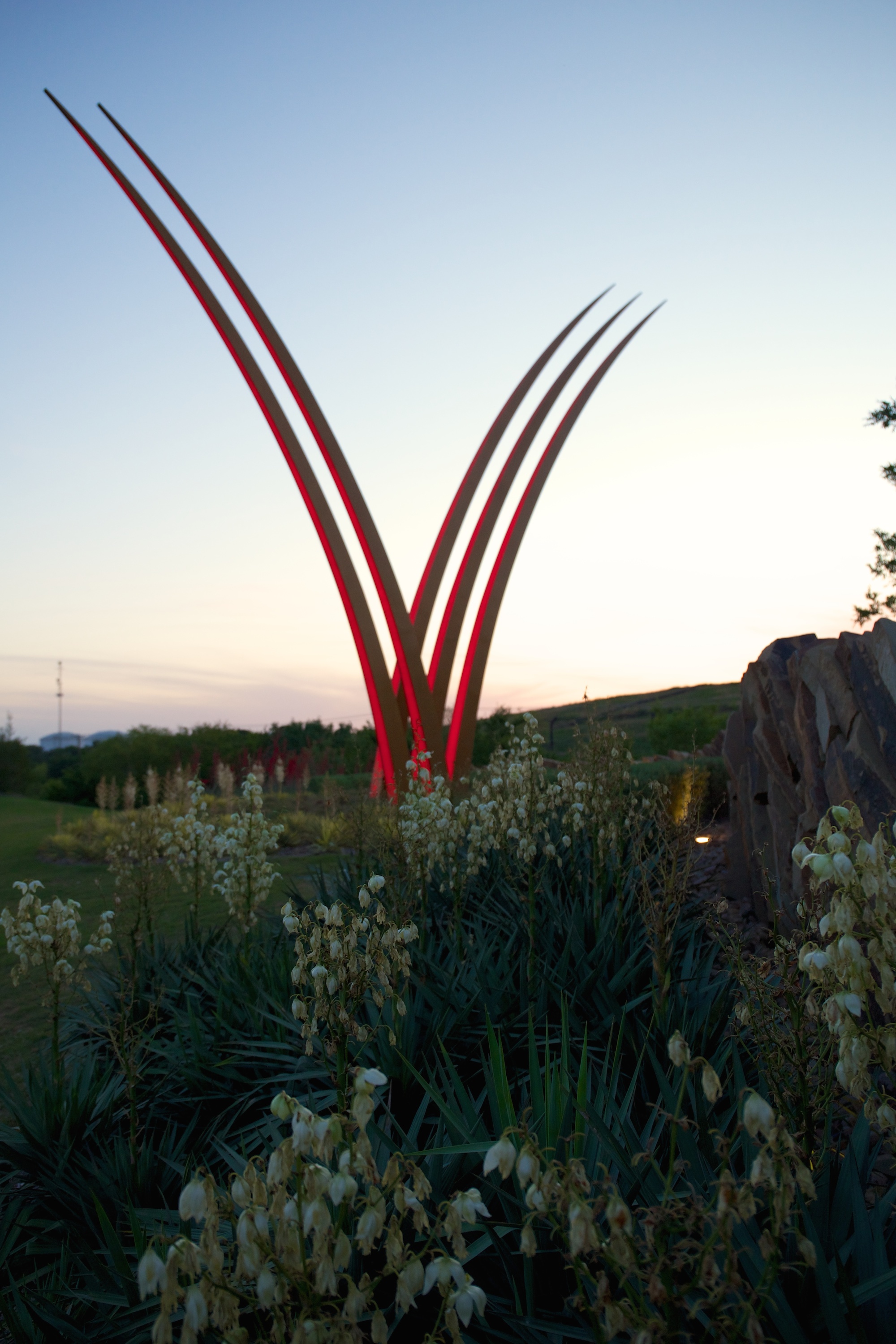 A distinctive "V" sculpture marks an entrance to Viridian