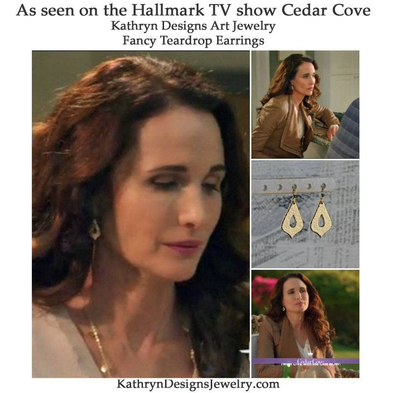 Olivia Lockhart (Andie McDowell) wears a pair of Gold Bronze Fancy Teardrop Earrings on the Hallmark Channel’s Cedar Cove.