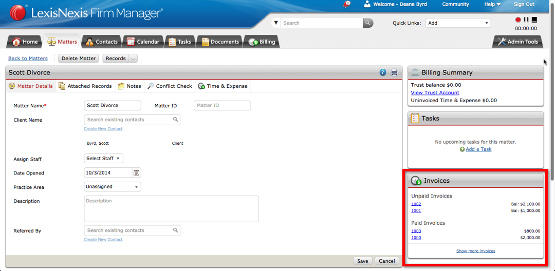 The invoice status display shows the top three paid – and unpaid accounts – in the matter view.