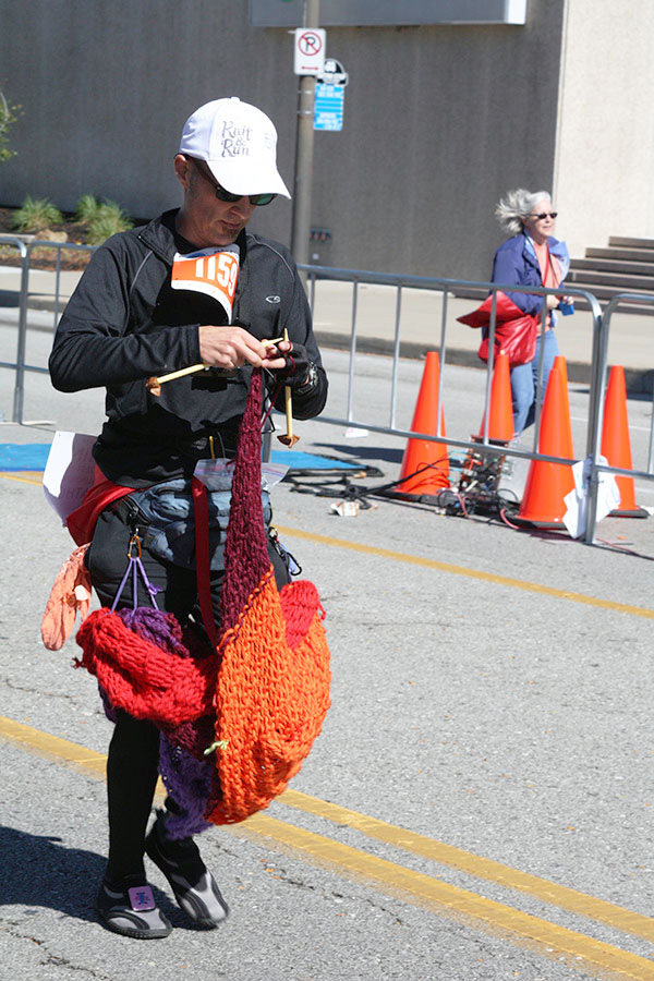 David Babcock knits while running.