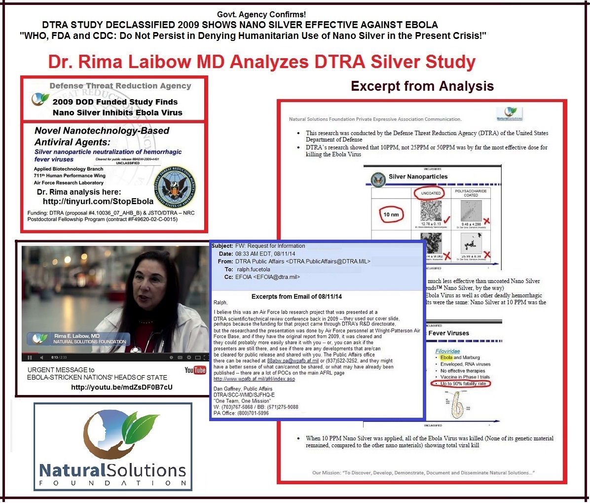 Infographic containing verification letter of DTRA DoD Ebola Nano Silver 10 PPM study