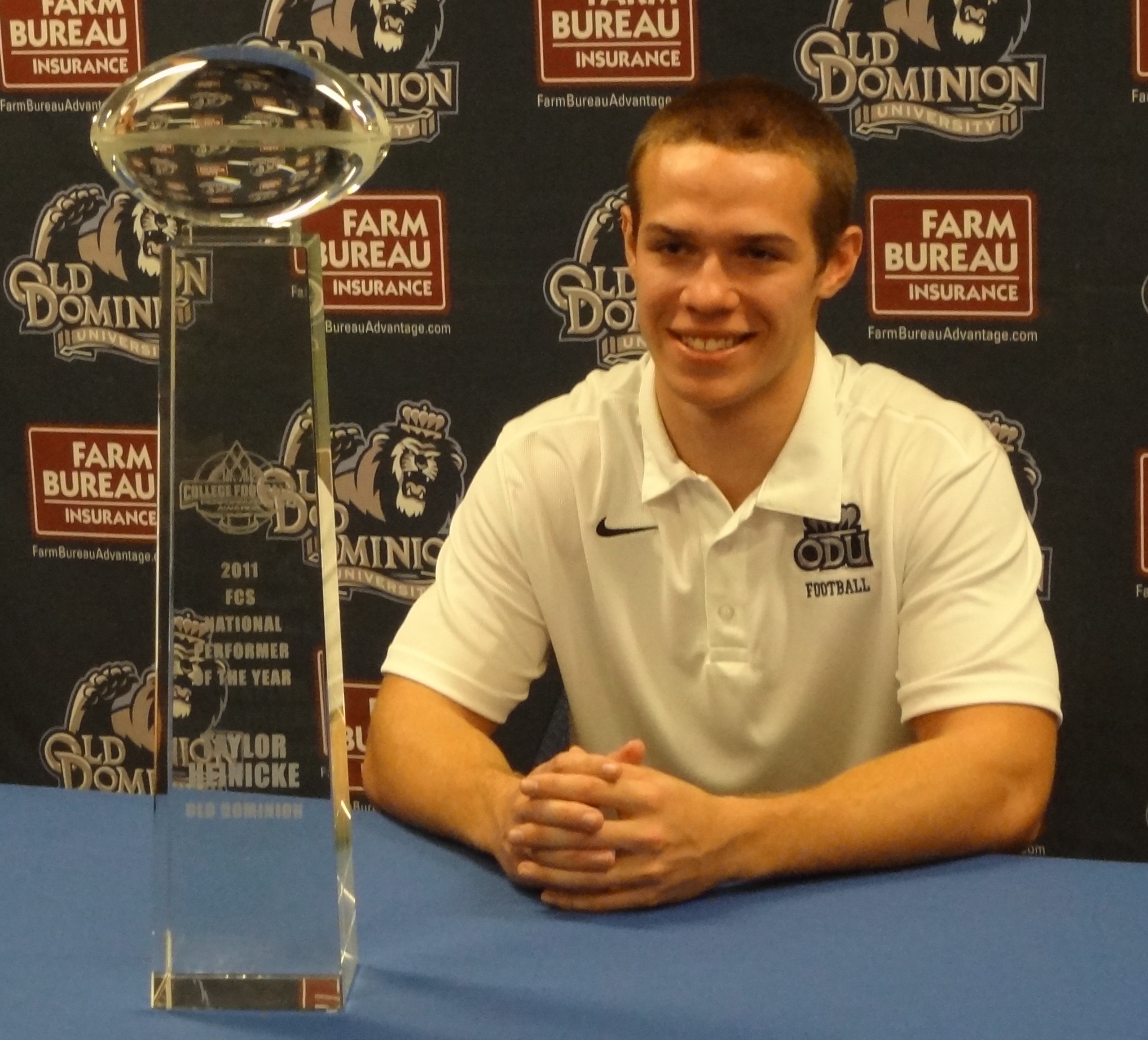 Taylor Heinicke with the CFPA Trophy
