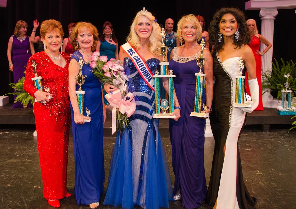 4th runner up and talent award winner Sandra Errkus, 2nd runner up Joyce Schumaker, 2014 Ms. Senior California Dr. Gayla Jackson,  1st runner up Marilee Imamoto and 3rd runner up Syni Champion.