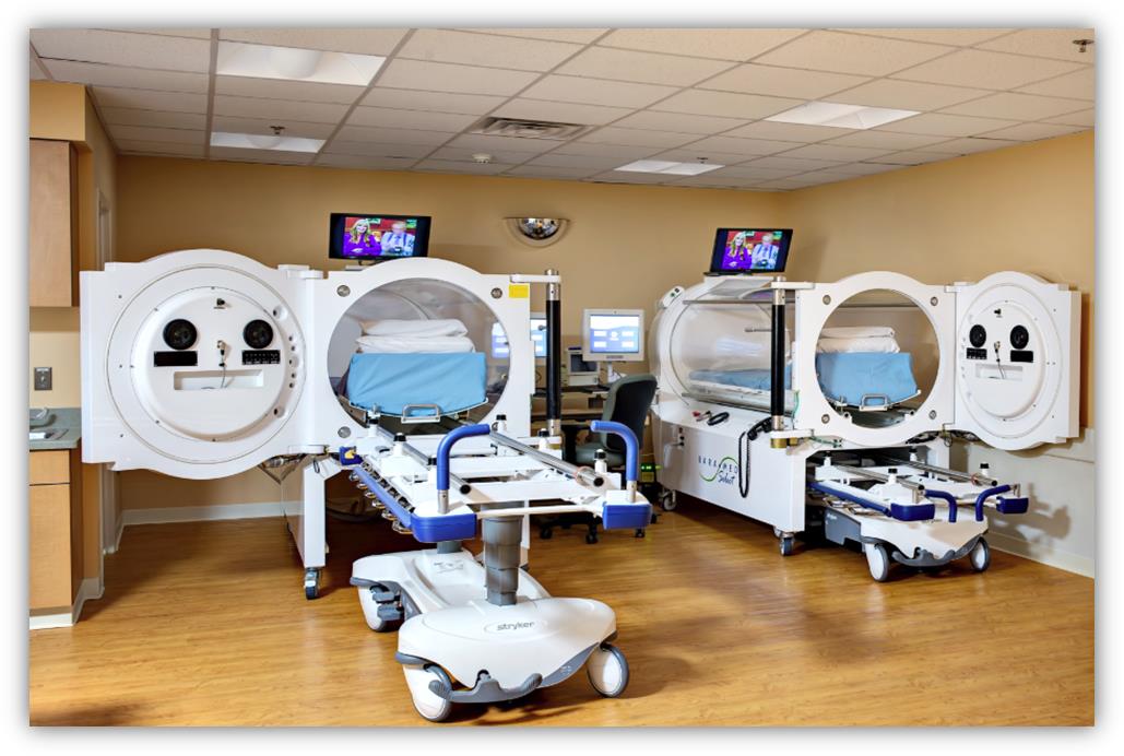 Hyperbaric Medicine incorporates a specially designed chamber in which a patient can be treated at great atmospheric pressure while breathing pure oxygen.