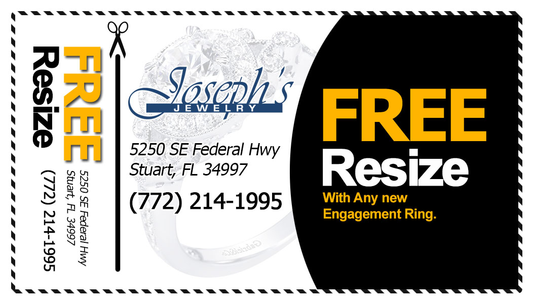 Save on engagement ring resizing today at Joseph’s Jewelry.