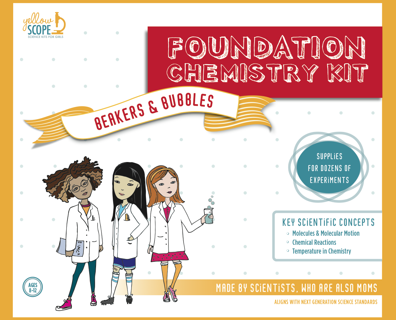 Packaging for the Foundation Chemistry Kit Features the Yellow Scope Science Girls