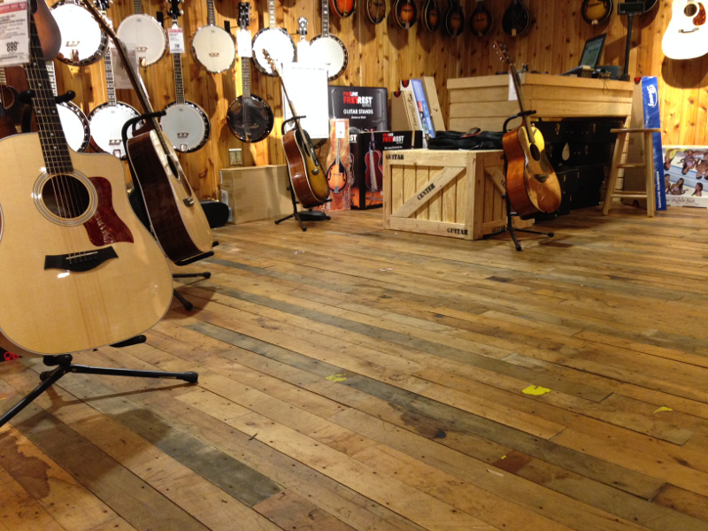 Reclaimed Foundry Maple has a new life in the Guitar Center in NYC.