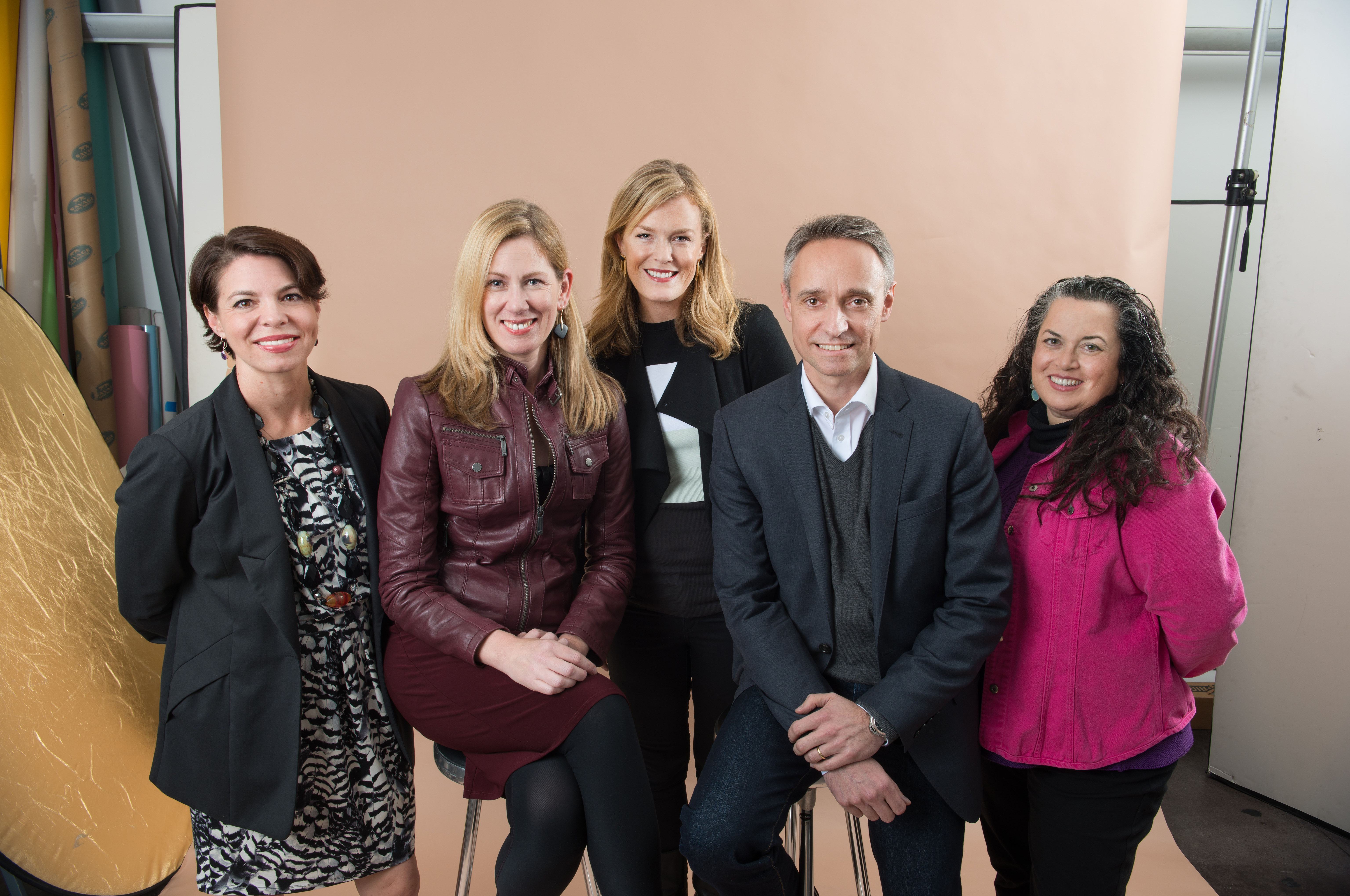 SheKnows Media CEO Philippe Guelton and CRO Samantha Skey (center) pose with BlogHer co-founders (l-r), Jory Des Jardins, Lisa Stone, and Elisa Camahort Page.
