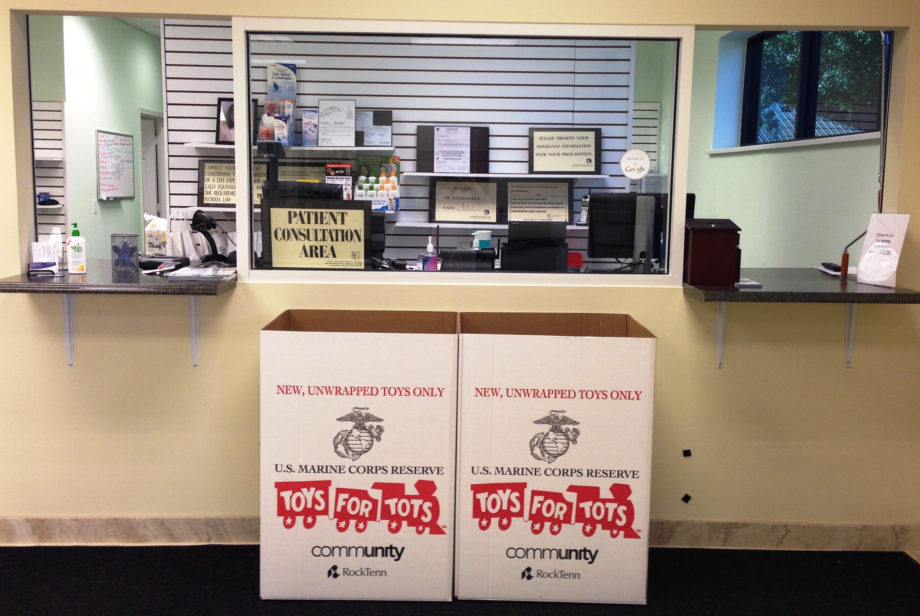 Toys for Tots Drop off boxes at the Rx Care Pharmacy