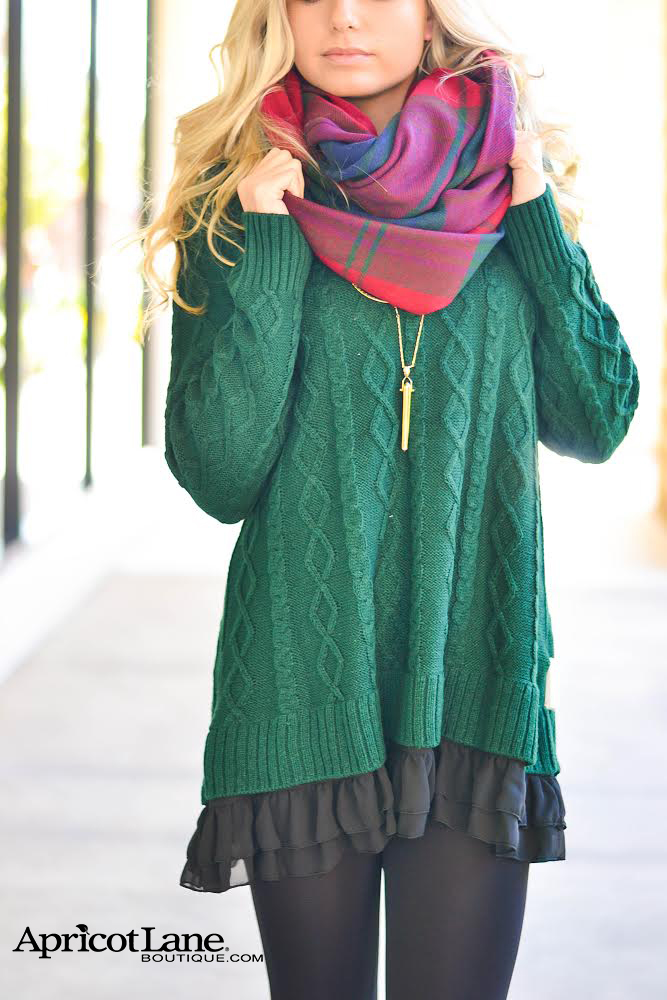 Apricot Lane Winter Lifestyle image - Plaid Blanket Scarf with Green Sweater