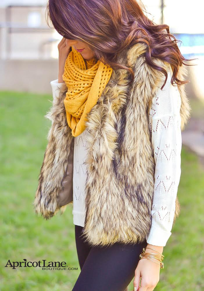 Faux Fur Vest and Scarf for a fashionable Cold Weather Look from Apricot Lane