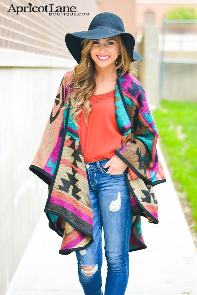 Apricot Lane bright colored poncho, winter hat and denim perfect for all body types!
