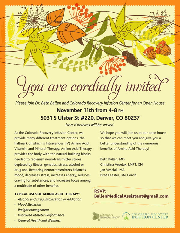 Colorado Recovery Infusion Center located in Denver, CO, is hosting an Open House at their integrative health and wellness center on November 11 to answer questions regarding amino acid therapy.