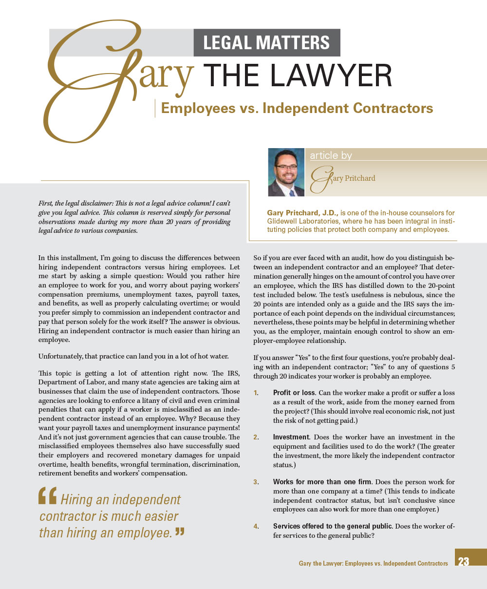 Legal Matters: Gary the Lawyer - Employees vs. Independent Contractors