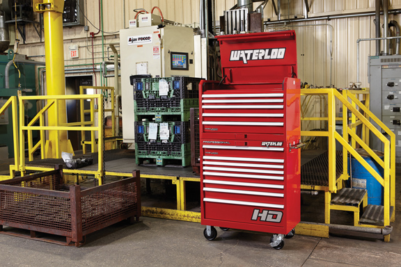Roll cage construction, deep drawers  and ball-bearing drawer slides with patented security system make new Waterloo tool storage products ideal for use on the shop floor.
