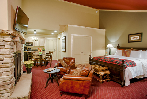 A relaxing fireplace suite at Sierra Nevada Resort & Spa complete with a cozy kitchen.