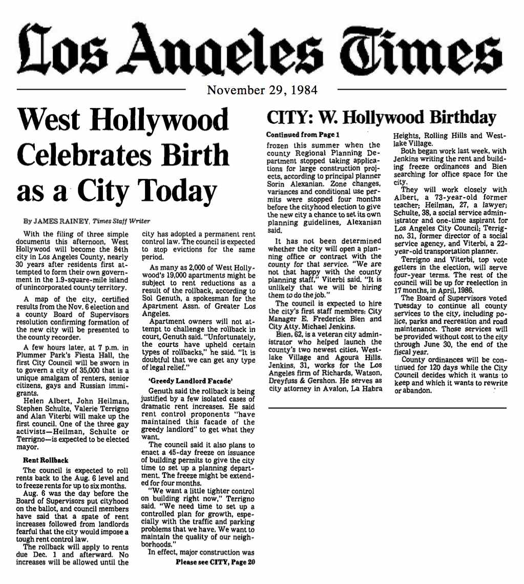 1984 LA Times Announces West Hollywood's Birth as a City