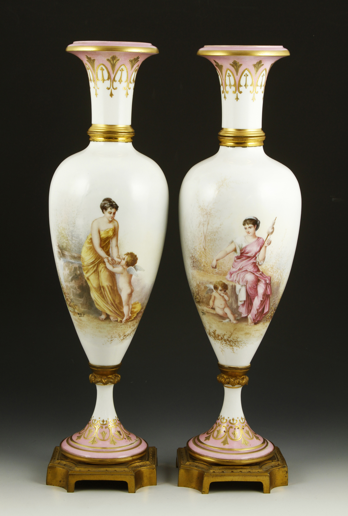 Pair of hand painted Sevres vases, porcelain, each artist signed "Huet," bronze mounts, 18" high