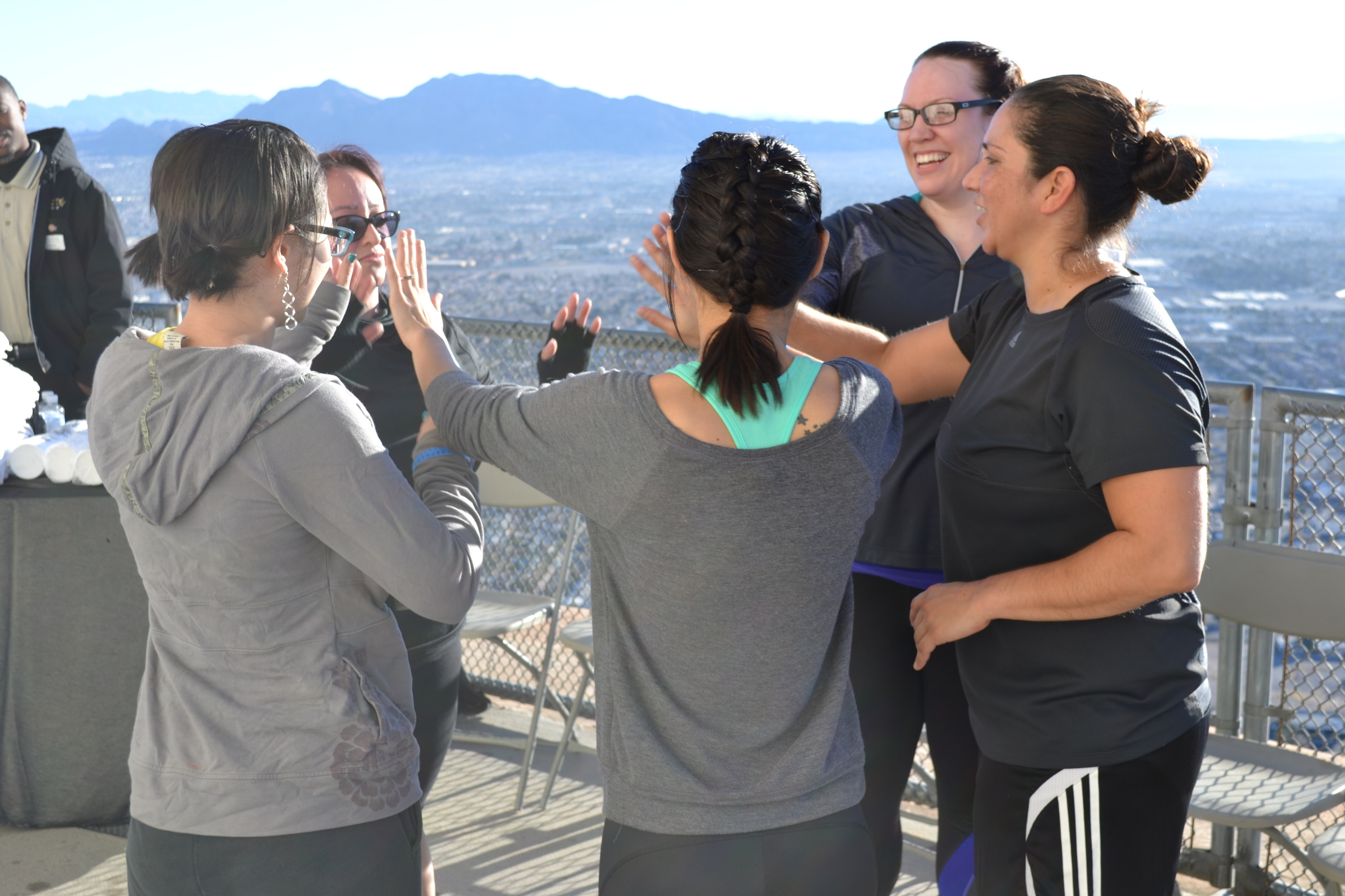 Practice climbers celebrate on Level 112 during last year's Scale the Strat practice climb at Stratosphere Tower.