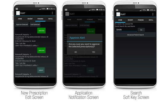 Interface screens for RxNT's first EPCS-Certified e-prescribing app for Android.