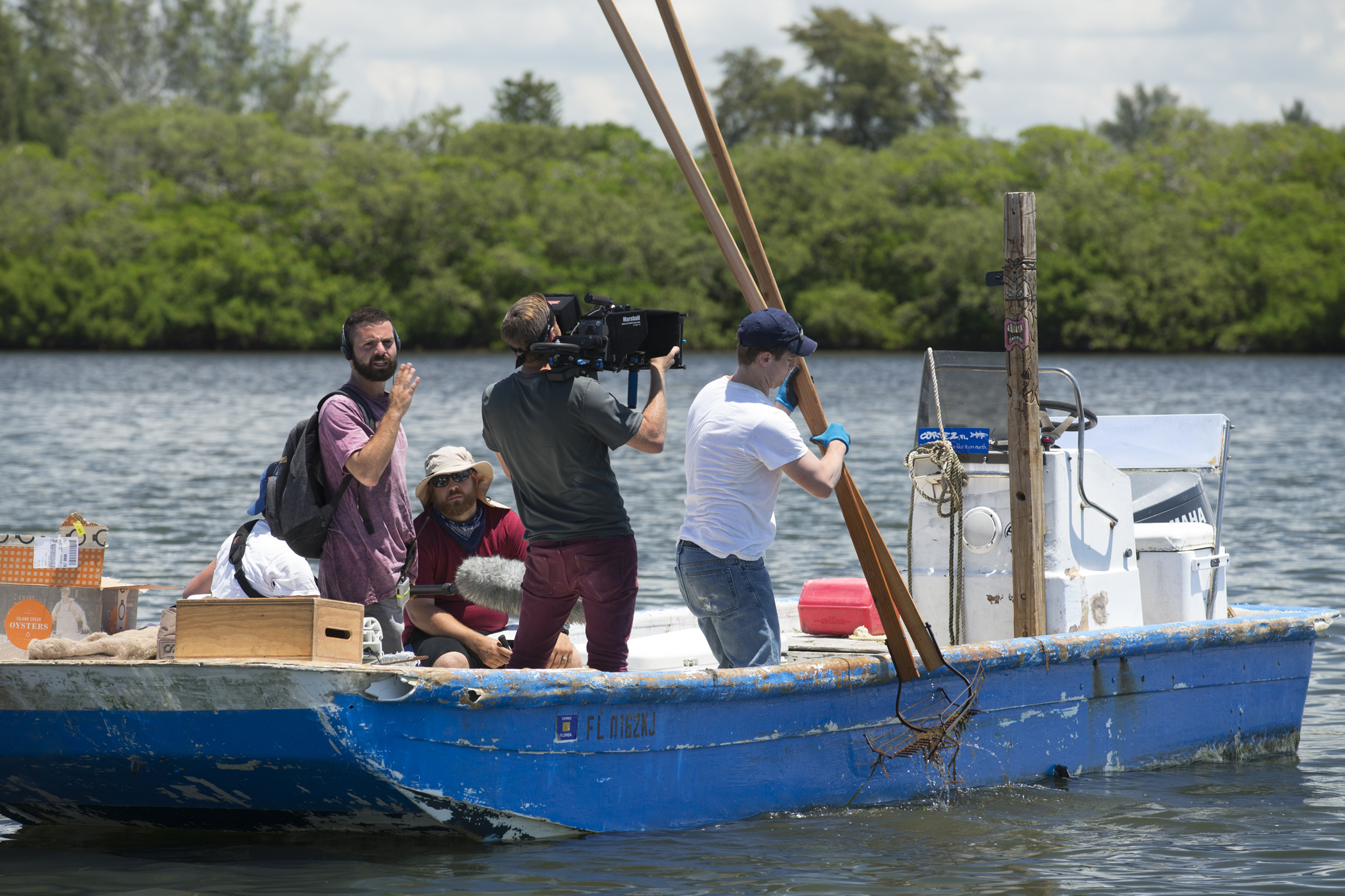 'Paradise, FL' Oyster Tonging scene production still: Nick Morgulis directing, Bandon Hyde (Director of Photography looking on) Stephen Reeves (Camera Op), Jon-Michael Miller (Oyster Tonging)