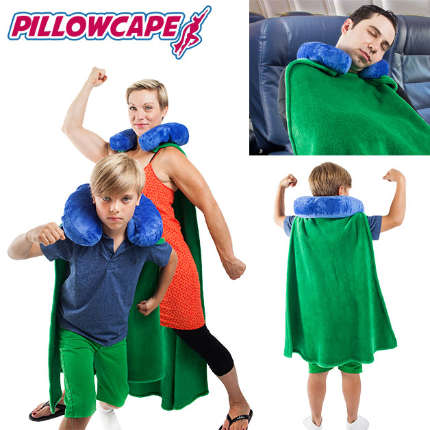 Travel neck pillow with a superhero cape down the back that can also be worn as a blanket on the front to keep cozy at home or traveling
