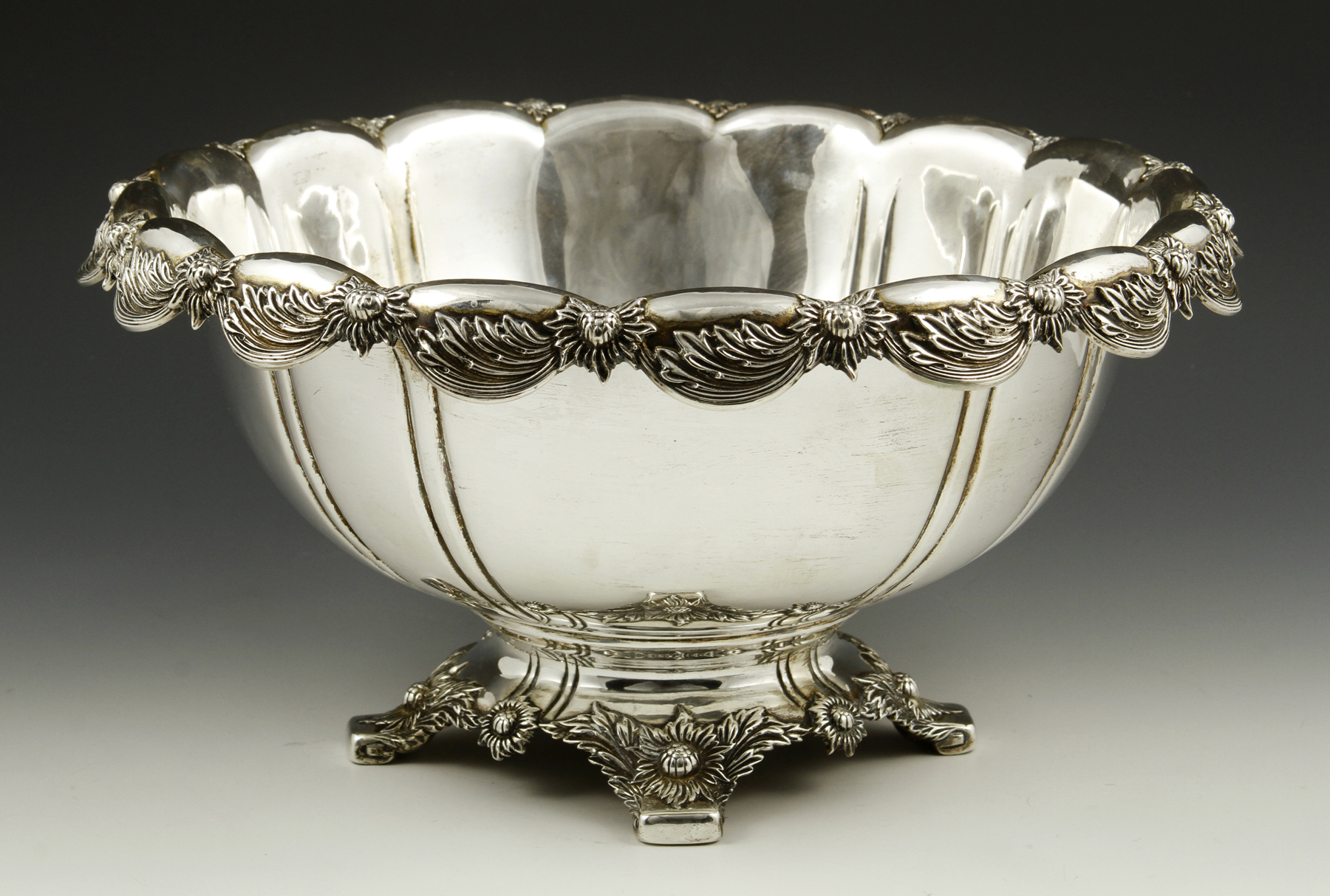 19th C. Tiffany Makers Chrysanthemum Center Bowl, Sterling Silver