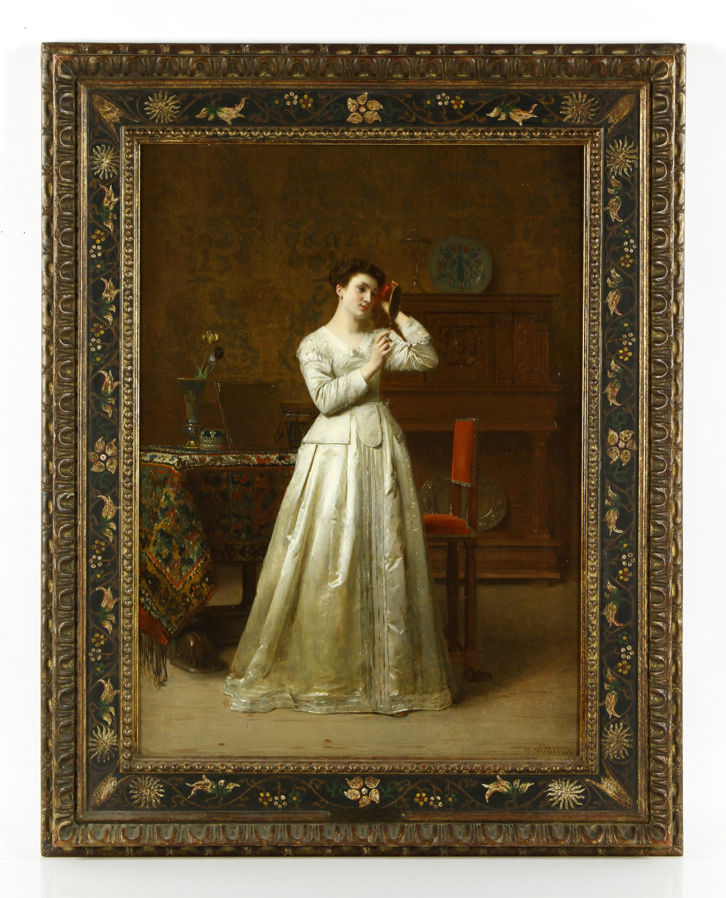 Florent Willems (Belgian, 1823-1905), elegant woman with mirror, oil on panel